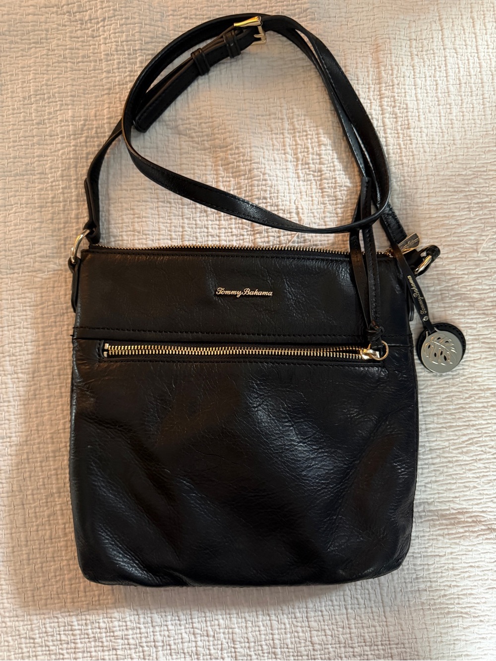 Tommy Bahama Black Leather Crossbody with Gold Accents
